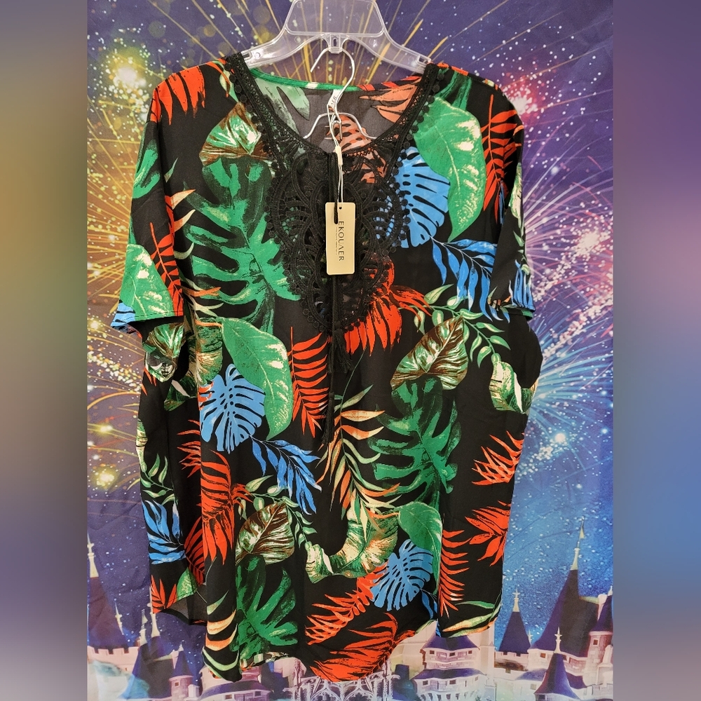 Ekouaer Black Tropical-Print Tunic with Lace Trim